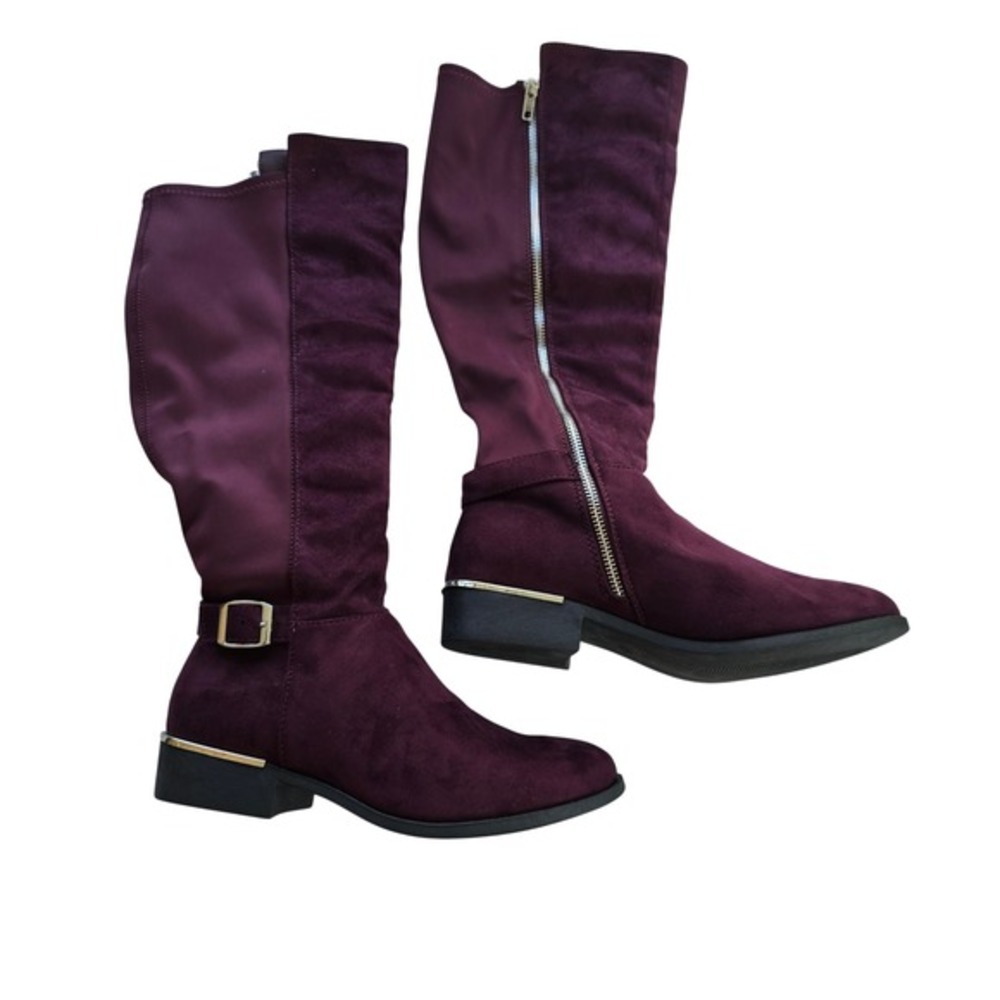 😀 🆕️ - Womens Plum Faux Suede Knee High Boots Side Zip Buckle‎ Detail size 7